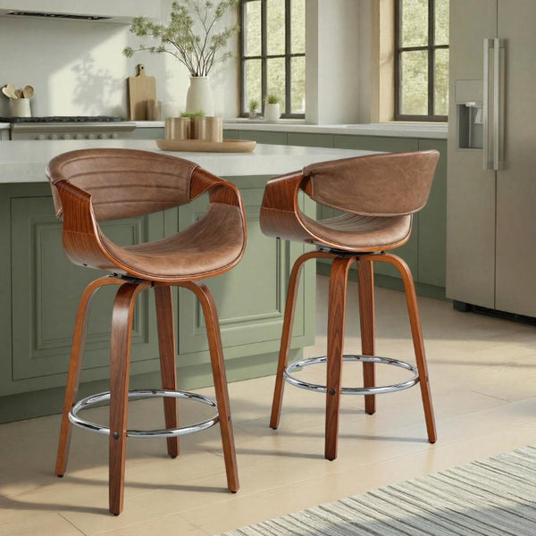 English Elm 26 Inch Swivel Counterstools Set of Two Bentwood Walnut Base Espresso Faux Leather MCM B202S02257