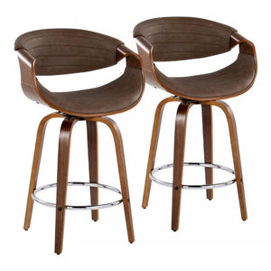 English Elm 26 Inch Swivel Counterstools Set of Two Bentwood Walnut Base Espresso Faux Leather MCM B202S02257