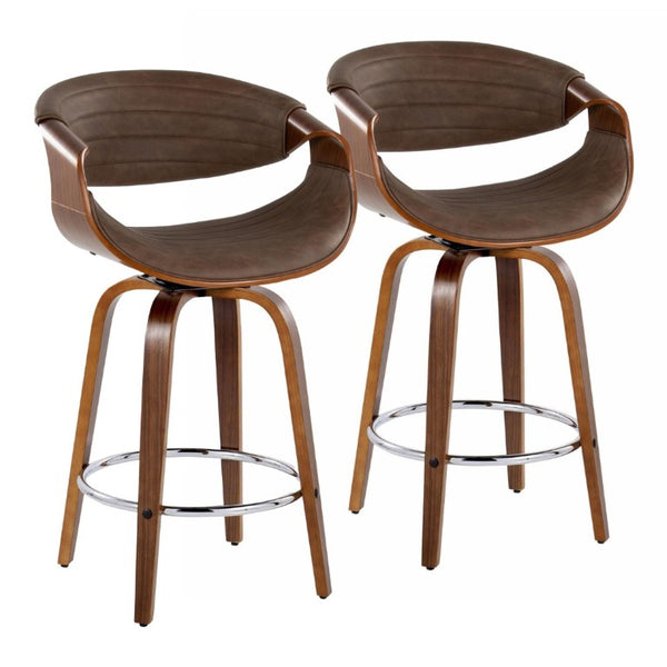 English Elm 26 Inch Swivel Counterstools Set of Two Bentwood Walnut Base Espresso Faux Leather MCM B202S02257