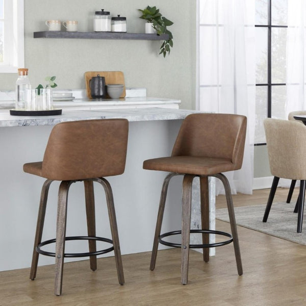 English Elm 26 Inch Mid-Century Swivel Counterstools Walnut Bentwood Espresso Faux Leather Set of 2 B202S02258
