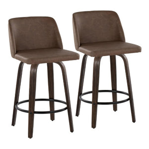 English Elm 26 Inch Mid-Century Swivel Counterstools Walnut Bentwood Espresso Faux Leather Set of 2 B202S02258
