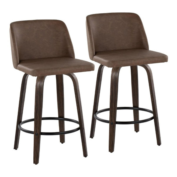 English Elm 26 Inch Mid-Century Swivel Counterstools Walnut Bentwood Espresso Faux Leather Set of 2 B202S02258