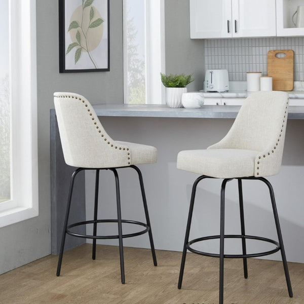 English Elm 27 Inch Swivel Counterstools with Brass Nailhead Trim Black Metal Base Set of 2 Cream B202S02259