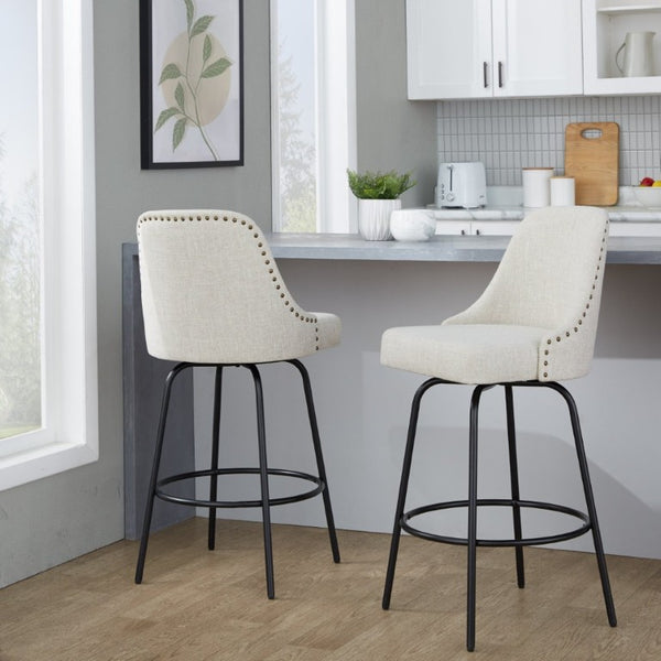 English Elm 27 Inch Swivel Counterstools with Brass Nailhead Trim Black Metal Base Set of 2 Cream B202S02259