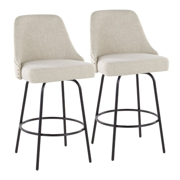 English Elm 27 Inch Swivel Counterstools with Brass Nailhead Trim Black Metal Base Set of 2 Cream B202S02259