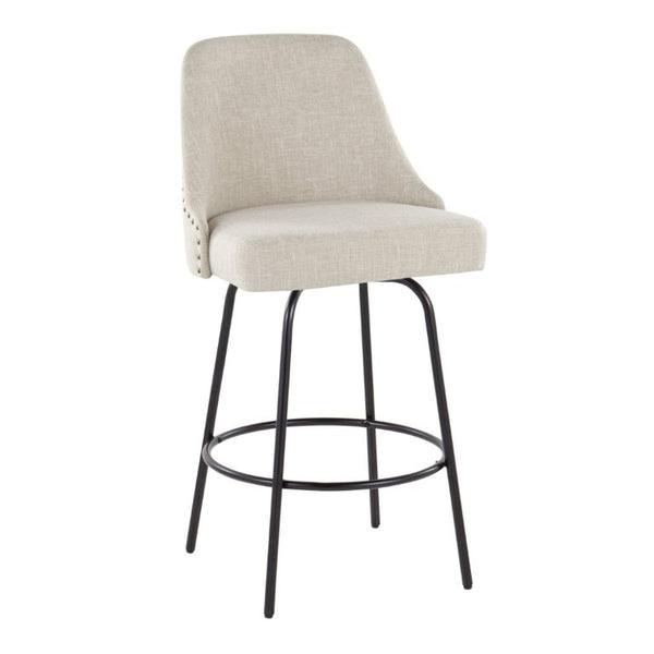English Elm 27 Inch Swivel Counterstools with Brass Nailhead Trim Black Metal Base Set of 2 Cream B202S02259