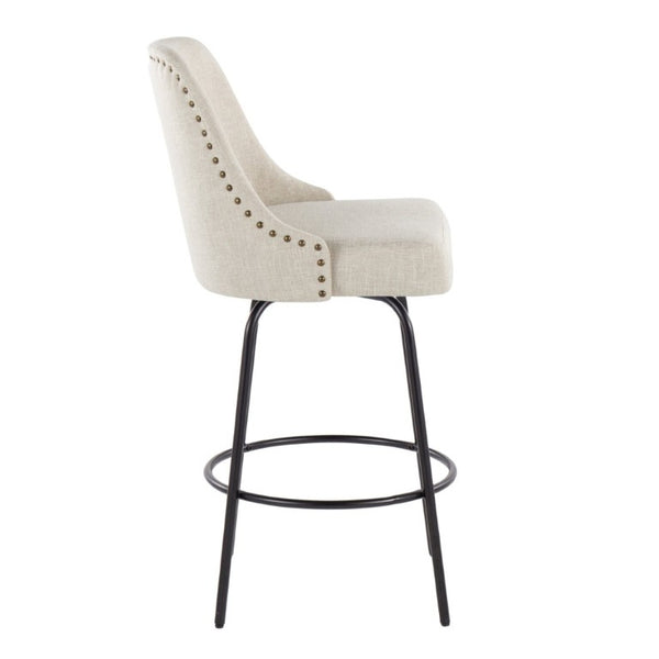 English Elm 27 Inch Swivel Counterstools with Brass Nailhead Trim Black Metal Base Set of 2 Cream B202S02259