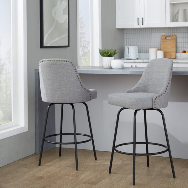 English Elm 27 Inch Swivel Counterstools with Brass Nailhead Trim Black Metal Base Set of 2 Gray B202S02260