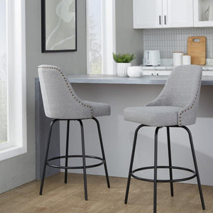English Elm 27 Inch Swivel Counterstools with Brass Nailhead Trim Black Metal Base Set of 2 Gray B202S02260