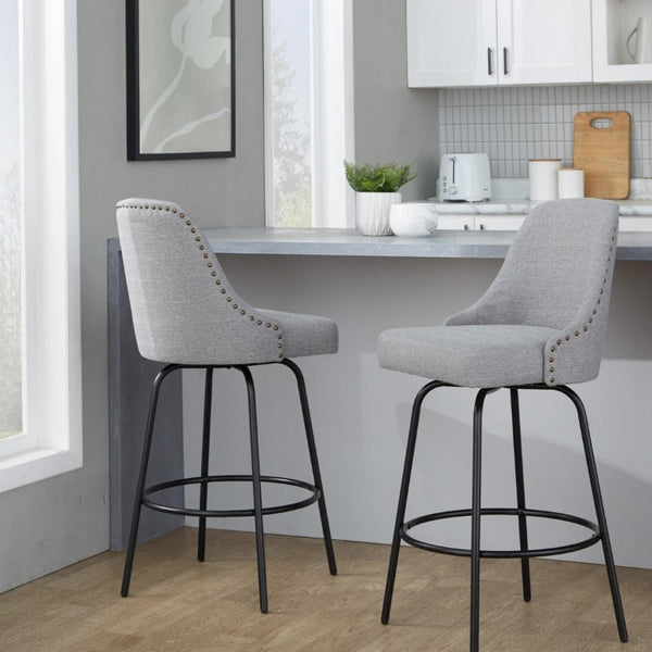 English Elm 27 Inch Swivel Counterstools with Brass Nailhead Trim Black Metal Base Set of 2 Gray B202S02260
