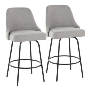 English Elm 27 Inch Swivel Counterstools with Brass Nailhead Trim Black Metal Base Set of 2 Gray B202S02260