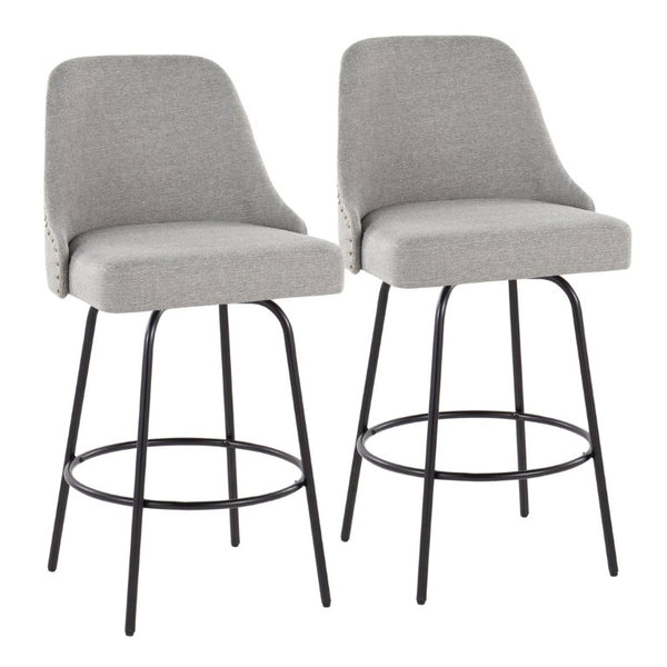 English Elm 27 Inch Swivel Counterstools with Brass Nailhead Trim Black Metal Base Set of 2 Gray B202S02260