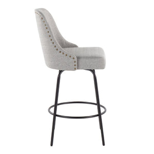 English Elm 27 Inch Swivel Counterstools with Brass Nailhead Trim Black Metal Base Set of 2 Gray B202S02260