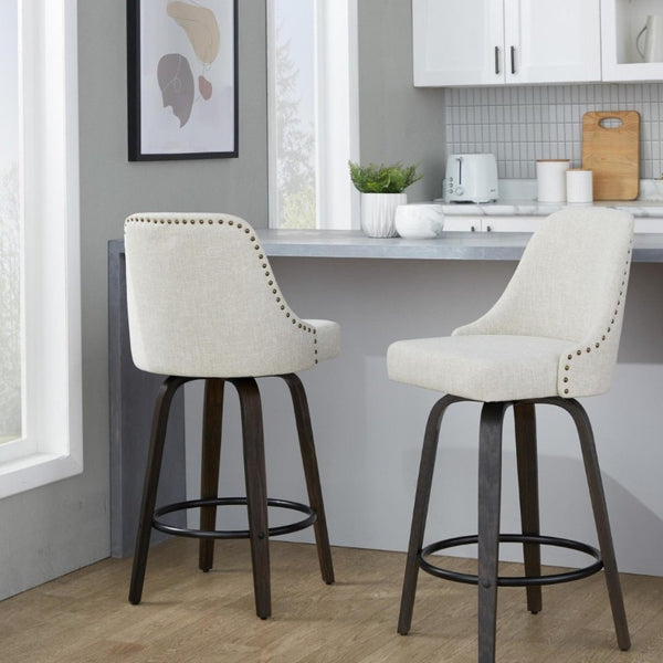 English Elm 27Fixed-Height Swivel Counterstools Bentwood Legs Brass Nailhead Upholstered Set of 2 Cream Walnut Glazed B202S02261