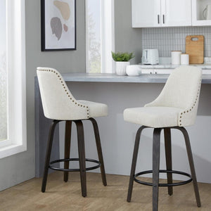 English Elm 27Fixed-Height Swivel Counterstools Bentwood Legs Brass Nailhead Upholstered Set of 2 Cream Walnut Glazed B202S02261