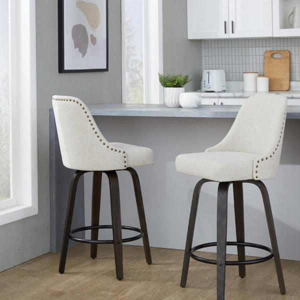 English Elm 27Fixed-Height Swivel Counterstools Bentwood Legs Brass Nailhead Upholstered Set of 2 Cream Walnut Glazed B202S02261