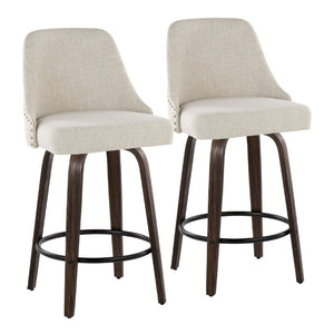 English Elm 27Fixed-Height Swivel Counterstools Bentwood Legs Brass Nailhead Upholstered Set of 2 Cream Walnut Glazed B202S02261