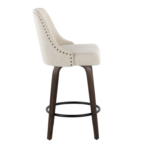 English Elm 27Fixed-Height Swivel Counterstools Bentwood Legs Brass Nailhead Upholstered Set of 2 Cream Walnut Glazed B202S02261