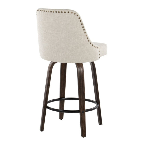 English Elm 27Fixed-Height Swivel Counterstools Bentwood Legs Brass Nailhead Upholstered Set of 2 Cream Walnut Glazed B202S02261