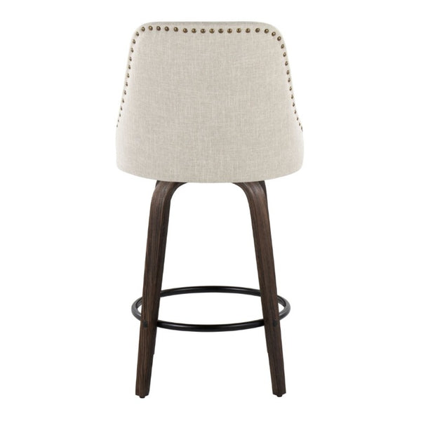 English Elm 27Fixed-Height Swivel Counterstools Bentwood Legs Brass Nailhead Upholstered Set of 2 Cream Walnut Glazed B202S02261