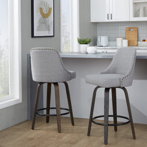 English Elm 27Fixed-Height Swivel Counterstools Bentwood Legs Brass Nailhead Upholstered Set of 2 Gray Walnut Glazed B202S02262