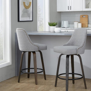 English Elm 27Fixed-Height Swivel Counterstools Bentwood Legs Brass Nailhead Upholstered Set of 2 Gray Walnut Glazed B202S02262
