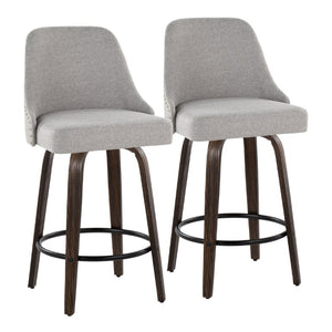 English Elm 27Fixed-Height Swivel Counterstools Bentwood Legs Brass Nailhead Upholstered Set of 2 Gray Walnut Glazed B202S02262