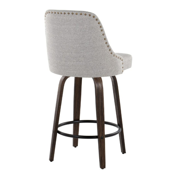 English Elm 27Fixed-Height Swivel Counterstools Bentwood Legs Brass Nailhead Upholstered Set of 2 Gray Walnut Glazed B202S02262