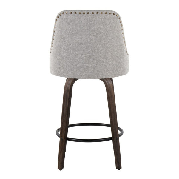 English Elm 27Fixed-Height Swivel Counterstools Bentwood Legs Brass Nailhead Upholstered Set of 2 Gray Walnut Glazed B202S02262