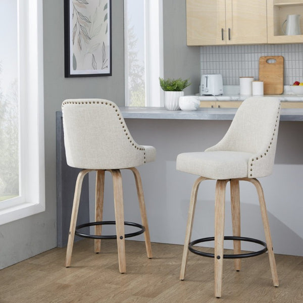 English Elm 27Fixed-Height Swivel Counterstools Bentwood Legs Brass Nailhead Upholstered Set of 2 Cream Whitewashed B202S02263