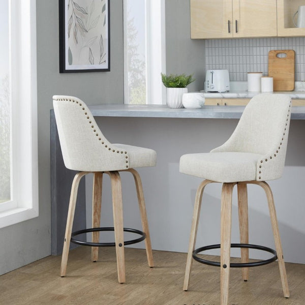 English Elm 27Fixed-Height Swivel Counterstools Bentwood Legs Brass Nailhead Upholstered Set of 2 Cream Whitewashed B202S02263