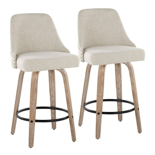 English Elm 27Fixed-Height Swivel Counterstools Bentwood Legs Brass Nailhead Upholstered Set of 2 Cream Whitewashed B202S02263
