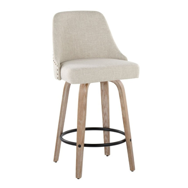 English Elm 27Fixed-Height Swivel Counterstools Bentwood Legs Brass Nailhead Upholstered Set of 2 Cream Whitewashed B202S02263