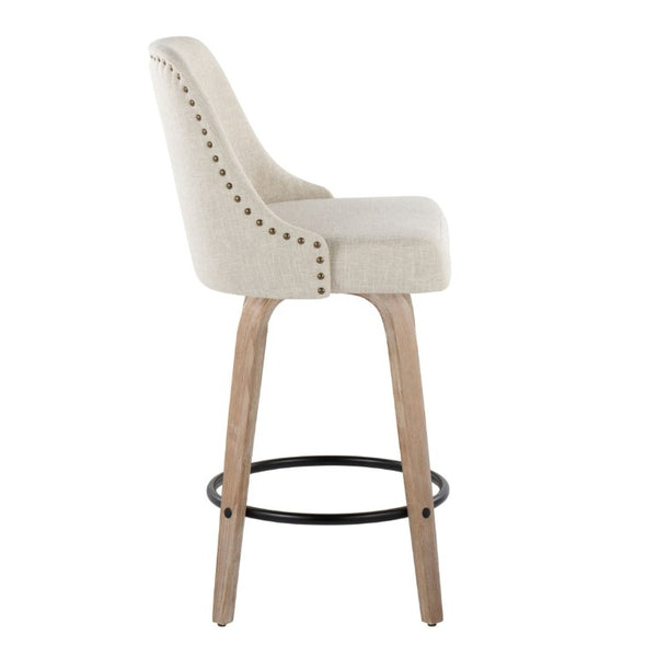 English Elm 27Fixed-Height Swivel Counterstools Bentwood Legs Brass Nailhead Upholstered Set of 2 Cream Whitewashed B202S02263