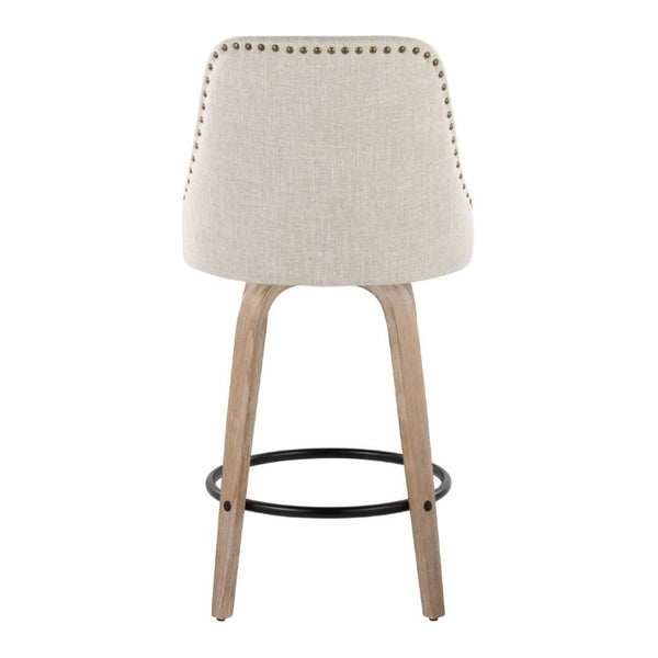 English Elm 27Fixed-Height Swivel Counterstools Bentwood Legs Brass Nailhead Upholstered Set of 2 Cream Whitewashed B202S02263