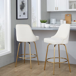 English Elm 27 Inch Swivel Counter Stools with Faux Leather Seats Gold Nailhead Trim Set of 2 B202S02264