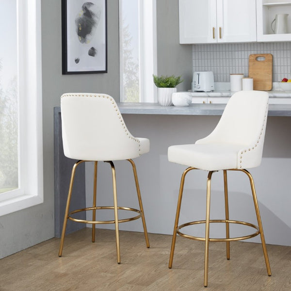 English Elm 27 Inch Swivel Counter Stools with Faux Leather Seats Gold Nailhead Trim Set of 2 B202S02264