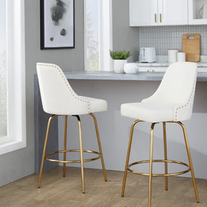English Elm 27 Inch Swivel Counter Stools with Faux Leather Seats Gold Nailhead Trim Set of 2 B202S02264