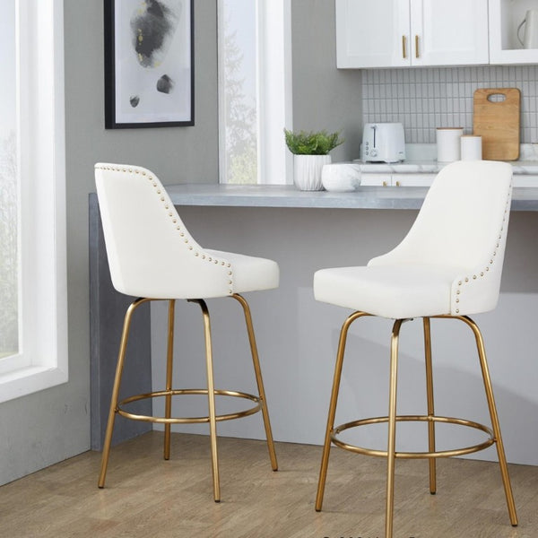 English Elm 27 Inch Swivel Counter Stools with Faux Leather Seats Gold Nailhead Trim Set of 2 B202S02264