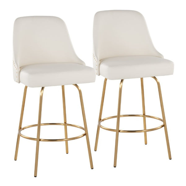 English Elm 27 Inch Swivel Counter Stools with Faux Leather Seats Gold Nailhead Trim Set of 2 B202S02264