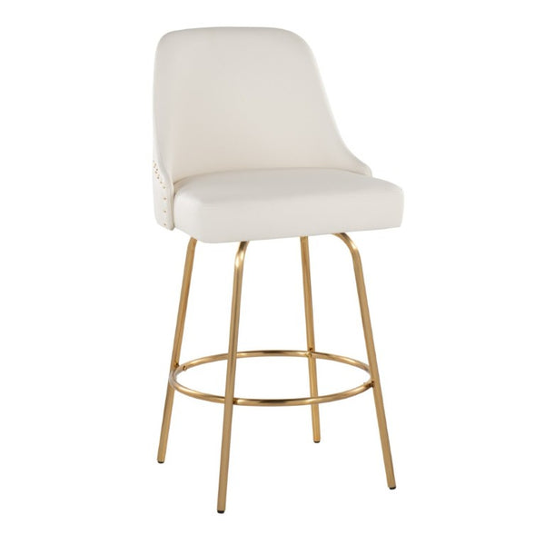 English Elm 27 Inch Swivel Counter Stools with Faux Leather Seats Gold Nailhead Trim Set of 2 B202S02264