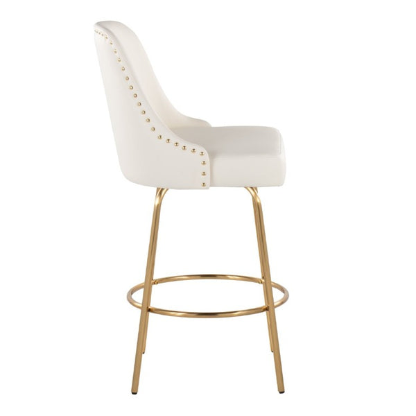 English Elm 27 Inch Swivel Counter Stools with Faux Leather Seats Gold Nailhead Trim Set of 2 B202S02264