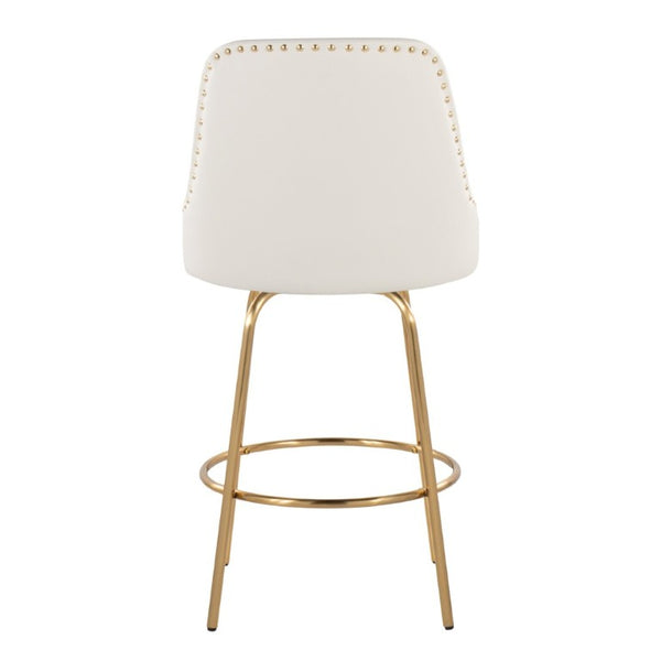 English Elm 27 Inch Swivel Counter Stools with Faux Leather Seats Gold Nailhead Trim Set of 2 B202S02264