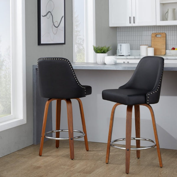 English Elm 27Fixed-Height Swivel Counter Stools Walnut Legs Black Faux Leather Set of 2 Walnut Wood B202S02265