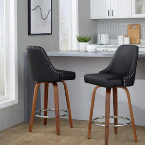 English Elm 27Fixed-Height Swivel Counter Stools Walnut Legs Black Faux Leather Set of 2 Walnut Wood B202S02265