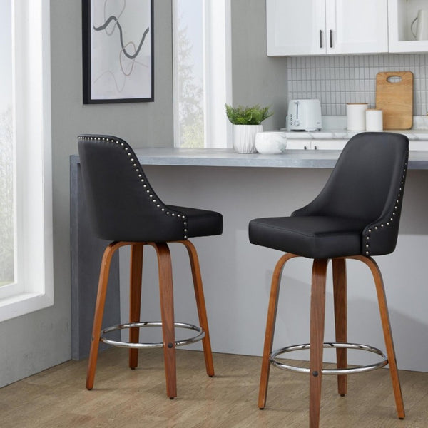 English Elm 27Fixed-Height Swivel Counter Stools Walnut Legs Black Faux Leather Set of 2 Walnut Wood B202S02265