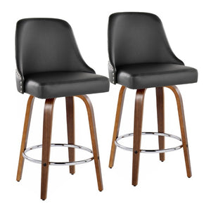 English Elm 27Fixed-Height Swivel Counter Stools Walnut Legs Black Faux Leather Set of 2 Walnut Wood B202S02265