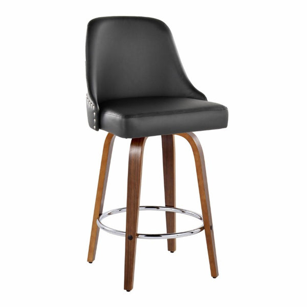 English Elm 27Fixed-Height Swivel Counter Stools Walnut Legs Black Faux Leather Set of 2 Walnut Wood B202S02265