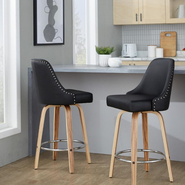 English Elm 27Fixed-Height Swivel Counter Stools Walnut Legs Black Faux Leather Set of 2 Zebra Wood B202S02266
