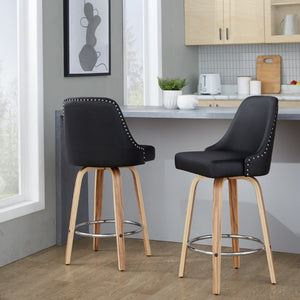English Elm 27Fixed-Height Swivel Counter Stools Walnut Legs Black Faux Leather Set of 2 Zebra Wood B202S02266